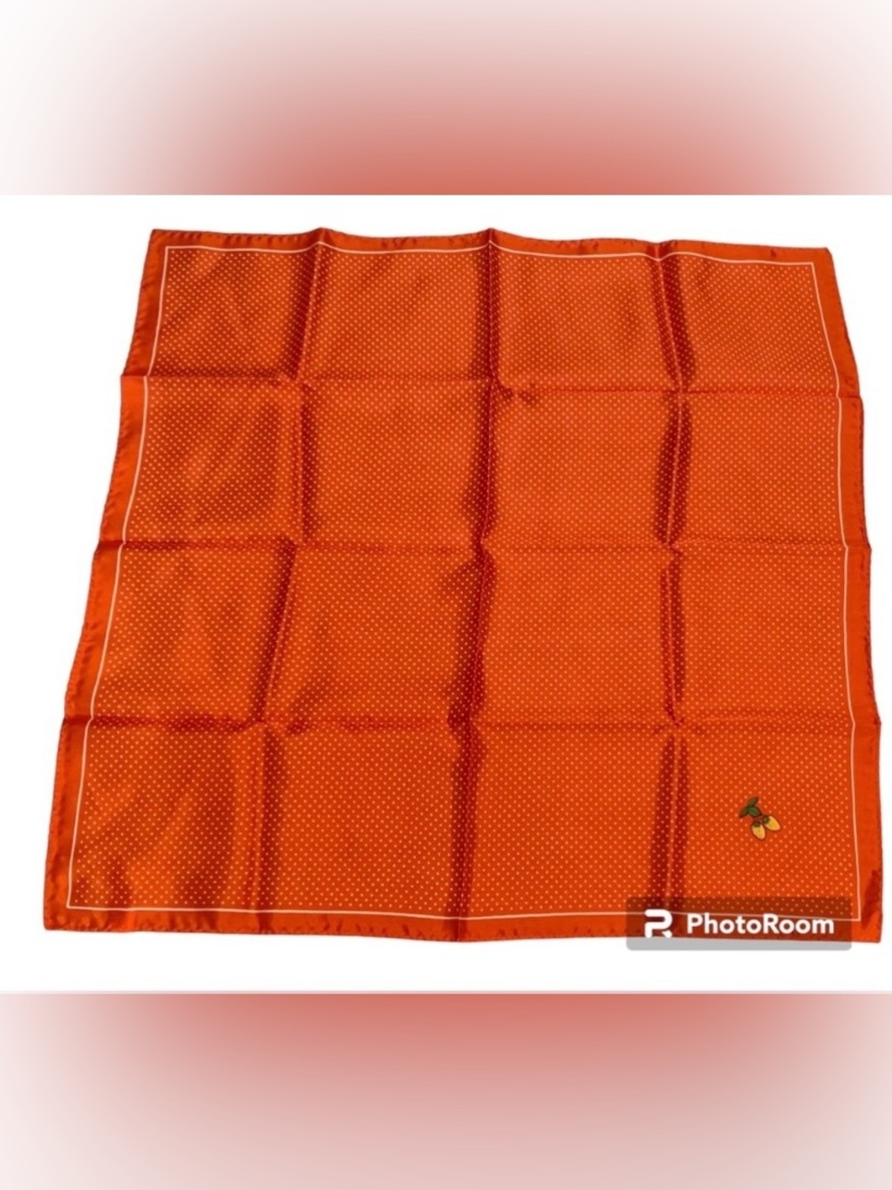 Orange and White Polka Dot Strawberries Square Head Scarf Acetate Made In Japan